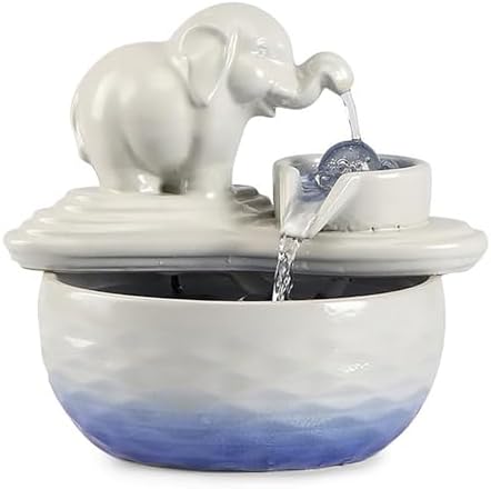 Ceramic Elephant Tabletop Fountain Silent Indoor Waterfall for Office and Home Decor White
