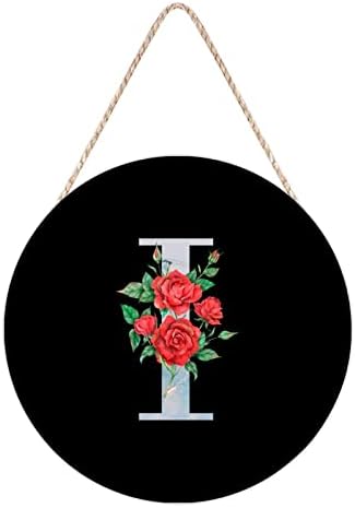 Farmhouse Front Door Hanger Red Flowers Marble Initial Letter I Wood Sign for Kids Girls Women 10x10in