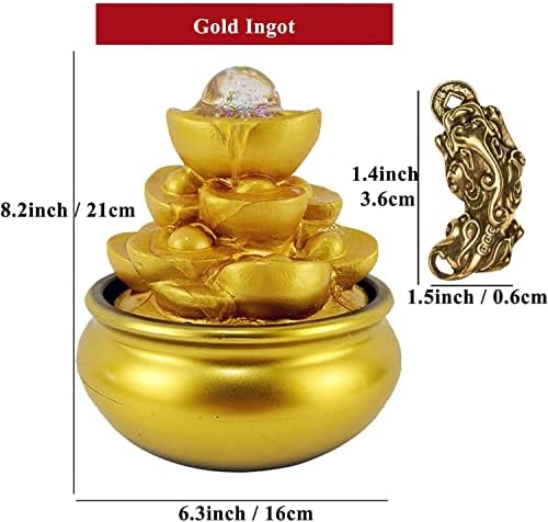 Feng Shui Gold Ingot Tabletop Waterfall Fountain with Lights and Rolling Crystal Ball