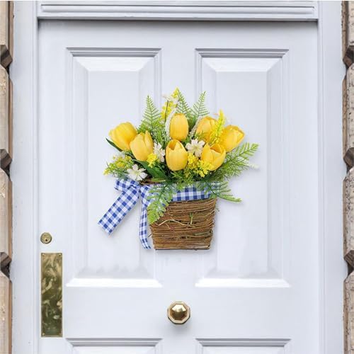 Yellow Tulips Door Wreath with Blue Plaid Bow