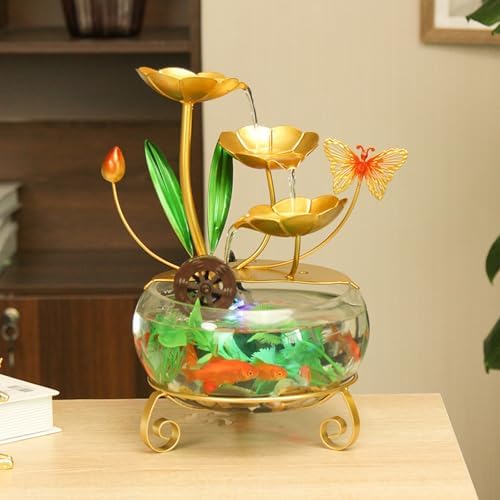 LED Lotus Flower Tabletop Water Fountain with Butterfly and Fish Tank