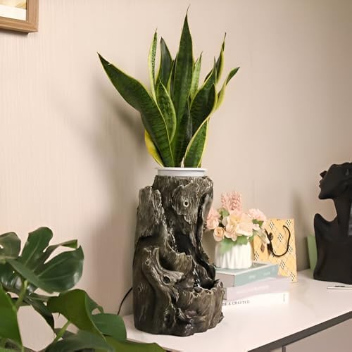 14-inch Log Tabletop Fountain with LED Lights and Planting Area