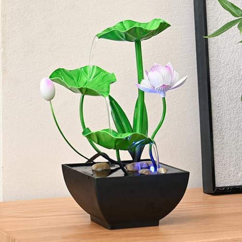 Tabletop Fountain with Light Ring and Lotus Design