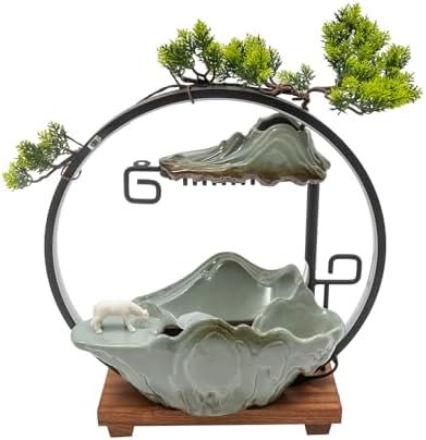 PROYONGOO Indoor Waterfall Fountain with LED Light and Artificial Plant