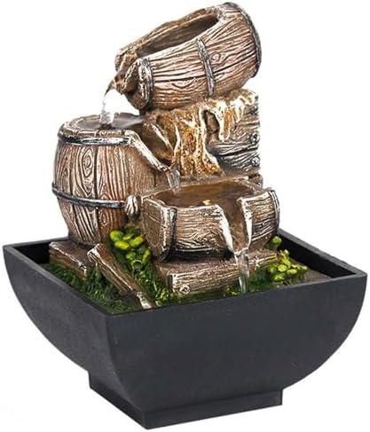 Tabletop Fountain with LED Light and Wood Barrel Design