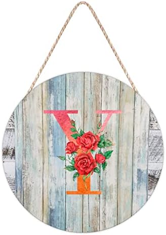 Farmhouse Door Hanger Red Floral Alphabet Letter Y Wood Sign