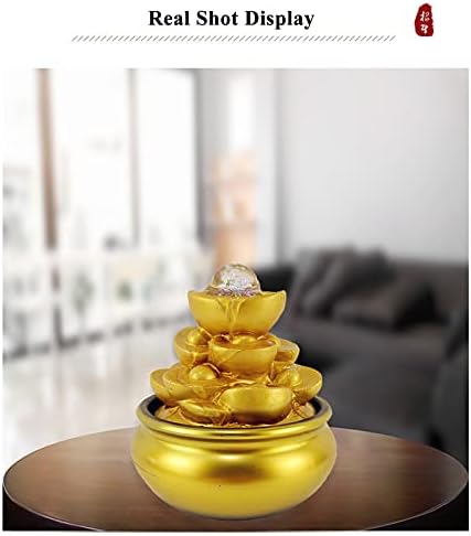Feng Shui Gold Ingot Tabletop Waterfall Fountain with Lights and Rolling Crystal Ball