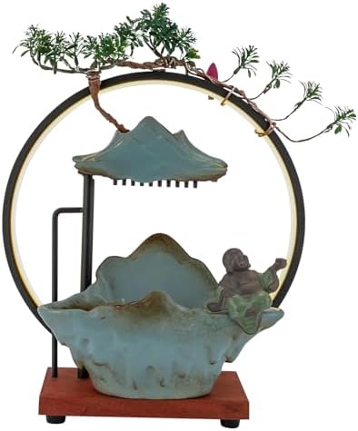 Indoor Tabletop Waterfall with LED Light and Artificial Plants