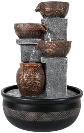 Tabletop Water Fountain With LED Lights Brown Polyresin Lighted Pump