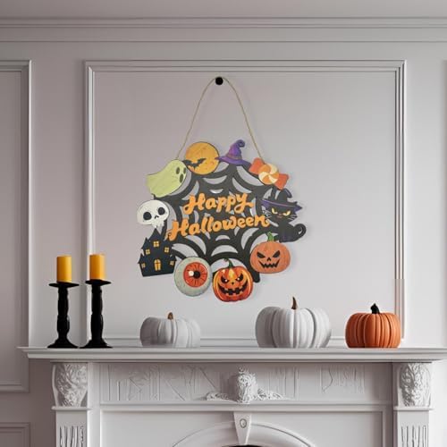 Halloween Wooden Wreath - Happy Halloween Door Sign Decor