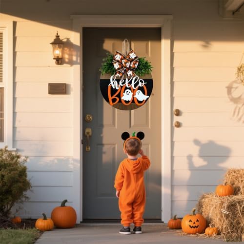 Cute Halloween Ghost Door Wreath Sign Wooden Welcome Decor for Front Door