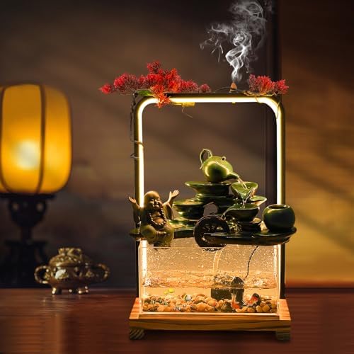 Tabletop Buddha Water Fountain with LED Light for Good Luck Wealth Decor