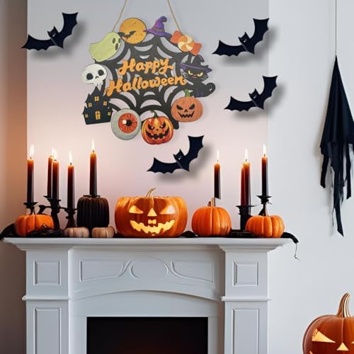 Halloween Wooden Wreath - Happy Halloween Door Sign Decor