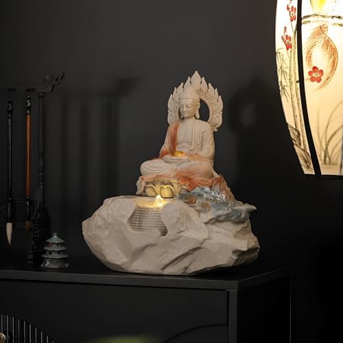 Zen Buddha Tabletop Fountain with LED Lights and Crystals