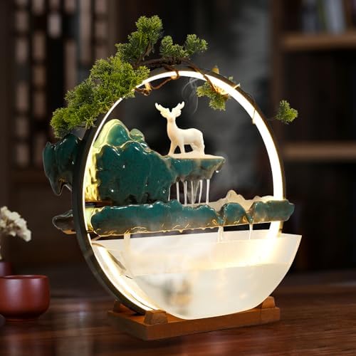 Indoor Ceramic Water Fountain with Mist LED Light and Atomization Effect