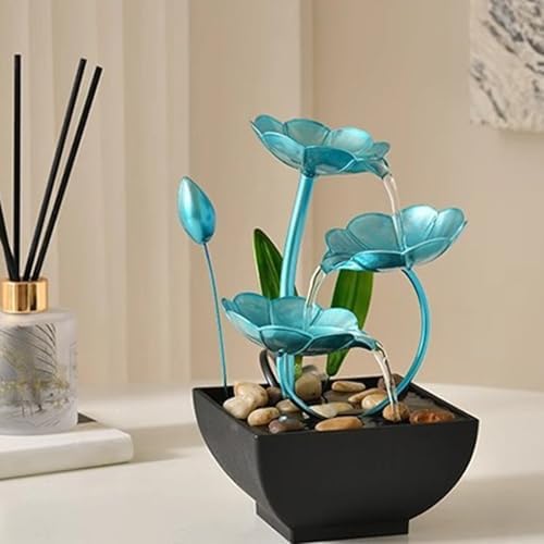Indoor Metal Lotus Leaf Blue Tabletop Fountain for Relaxation Home Office Decor