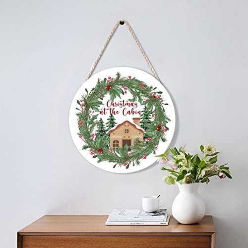 Christmas Cabin Holly Wreath Wood Door Hanger 10x10in