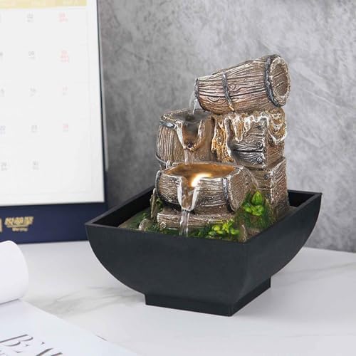 Tabletop Fountain with LED Light and Wood Barrel Design