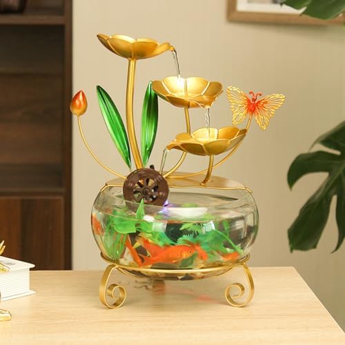 LED Lotus Flower Tabletop Water Fountain with Butterfly and Fish Tank