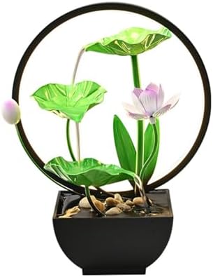 Tabletop Fountain with Light Ring and Lotus Design