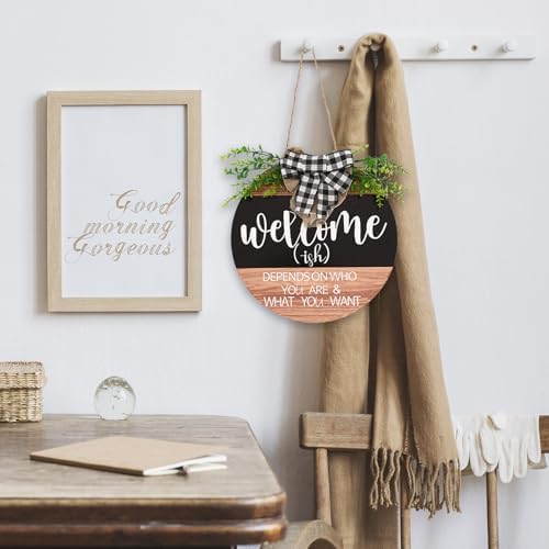 Front Door Decorations Welcome Wreaths with Green Plants and Plaid Ribbons