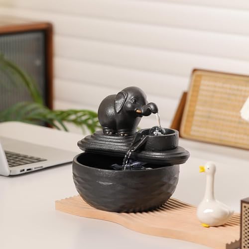 Ceramic Elephant Tabletop Fountain Silent Indoor Waterfall for Office and Home Decor White