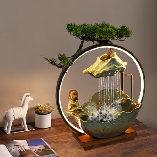 Cute Monk Statue Waterfall Humidifier with LED Light and Atomizer Mist