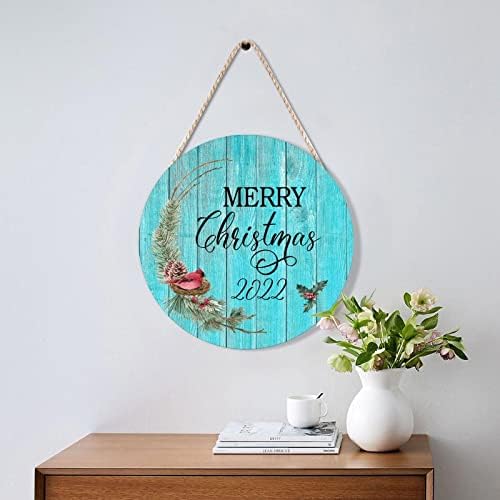 Farmhouse Front Door Hanger Red Bird Wreath Christmas Wood Sign 10x10in
