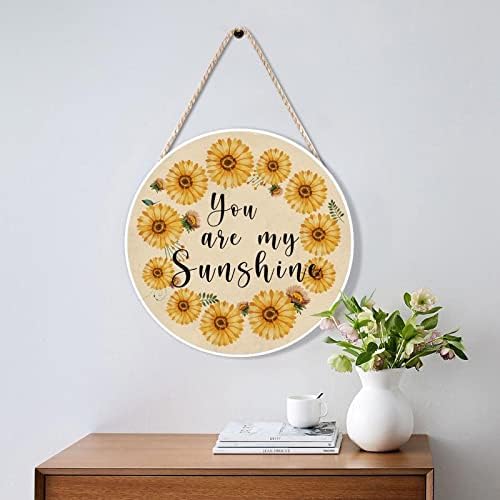 Farmhouse Door Hanger Vintage Sunflower Wreath Bee Wood Sign 12x12in