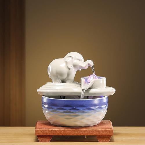 Ceramic Elephant Tabletop Fountain Silent Indoor Waterfall for Office and Home Decor White