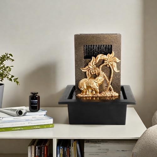 Elephant Themed Tabletop Fountain with Colorful Lights and Natural River Rocks