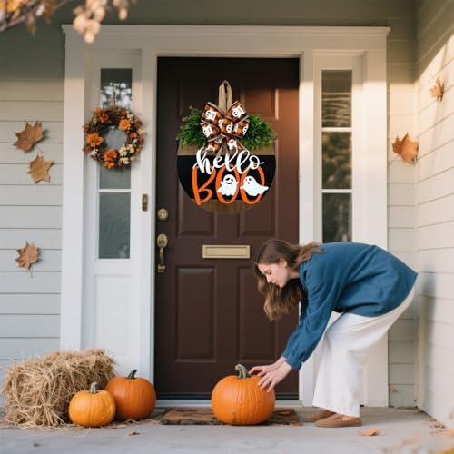 Cute Halloween Ghost Door Wreath Sign Wooden Welcome Decor for Front Door