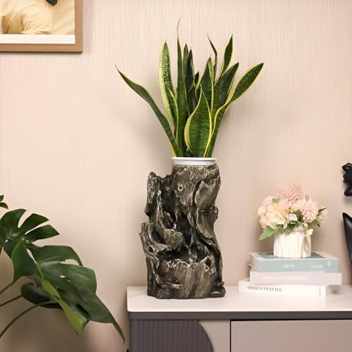 14-inch Log Tabletop Fountain with LED Lights and Planting Area