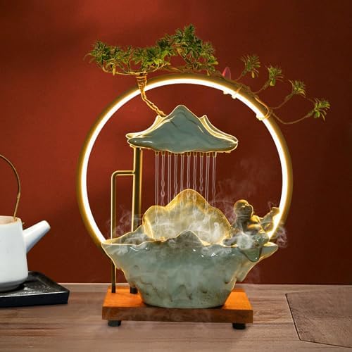 Indoor Tabletop Waterfall with LED Light and Artificial Plants
