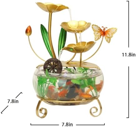 LED Lotus Flower Tabletop Water Fountain with Butterfly and Fish Tank
