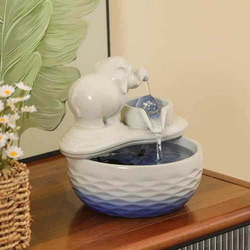 Ceramic Elephant Tabletop Fountain Silent Indoor Waterfall for Office and Home Decor White