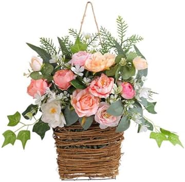 Colorful Peonies Rattan Hanging Wreath for Front Door