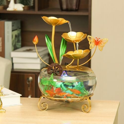 LED Lotus Flower Tabletop Water Fountain with Butterfly and Fish Tank