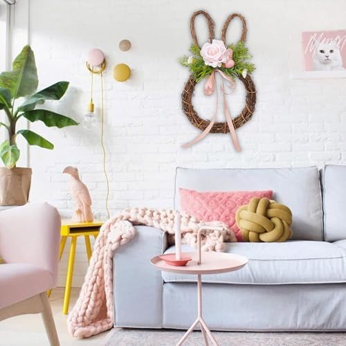 Easter Bunny Wreath Door Decoration with Rattan Frame
