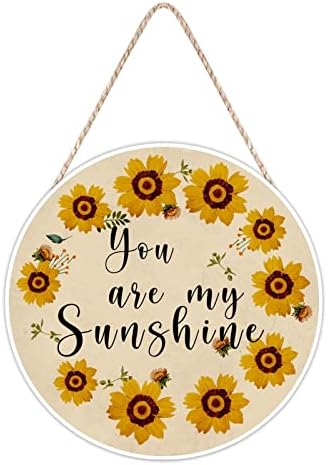 Farmhouse Front Door Hanger Vintage Sunflower Wreath Bee Wood Sign for Kids Girls Women 12x12in