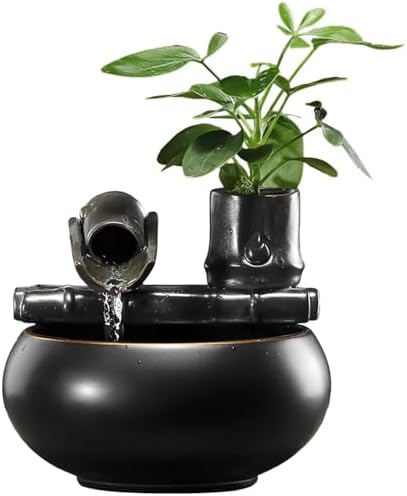 Ceramic Tabletop Fountain with Bamboo Water Feature Black Gloss