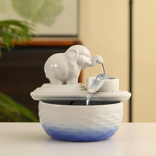 Ceramic Elephant Tabletop Fountain Silent Indoor Waterfall for Office and Home Decor White