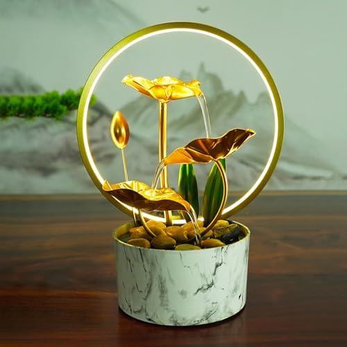 White Tabletop Fountain Indoor Metal Lotus Leaf Decor