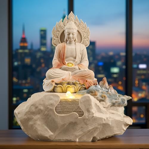 Zen Buddha Tabletop Fountain with LED Lights and Crystals