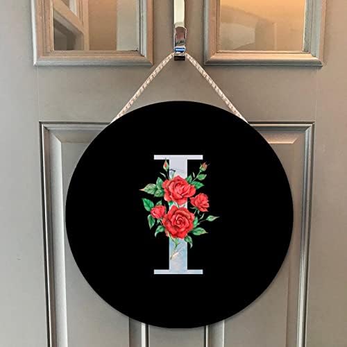 Farmhouse Front Door Hanger Red Flowers Marble Initial Letter I Wood Sign for Kids Girls Women 10x10in
