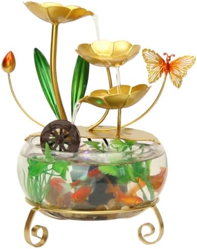 LED Lotus Flower Tabletop Water Fountain with Butterfly and Fish Tank
