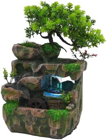 Tabletop Water Fountain with LED Light and Artificial Tree