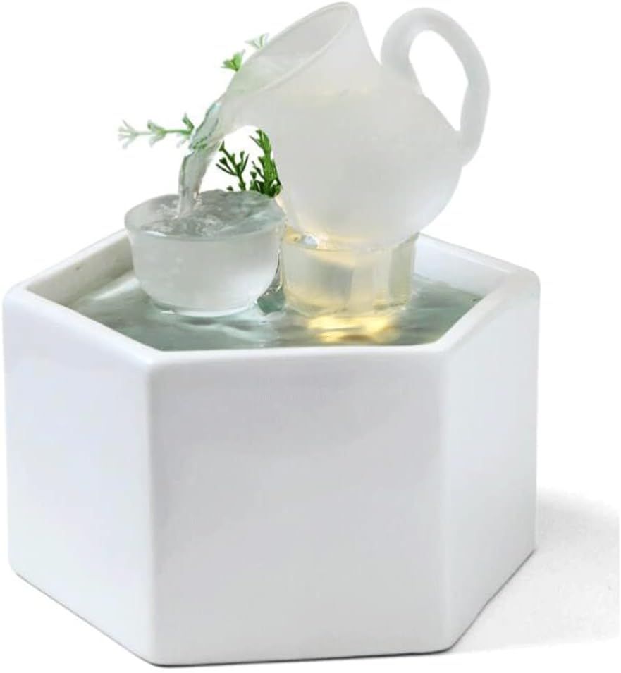 White Tabletop Fountain with Teapot Teacup Design