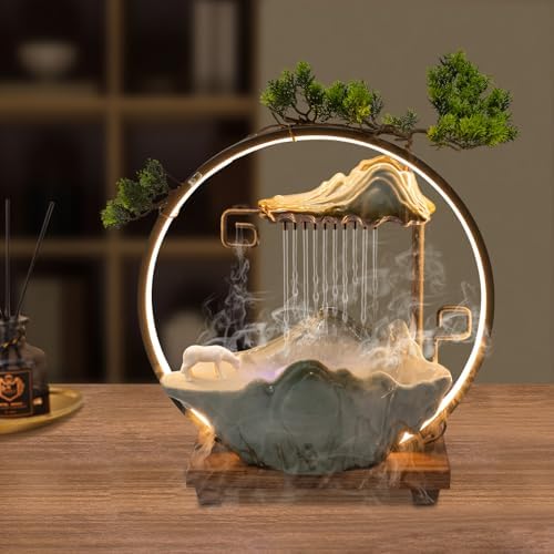 PROYONGOO Indoor Waterfall Fountain with LED Light and Artificial Plant