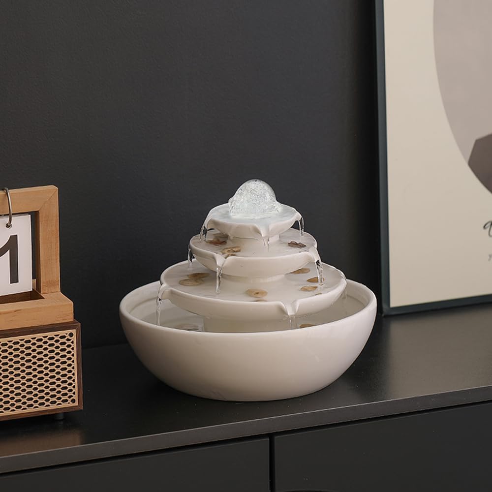 Modern White Ceramic Tabletop Fountain for Home Office Decor